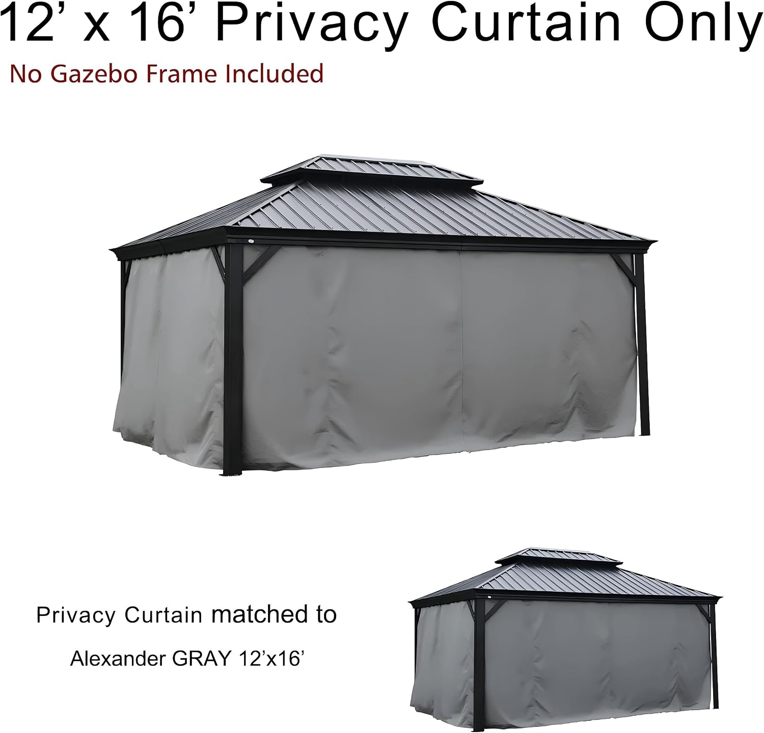 Kozyard 12' x 16'Outdoor Gazebo Privacy Curtain Sidewall, Waterproof Patio Privacy Curtain with Center-Zip Design, Replacement for Hardtop Gazebo Gray