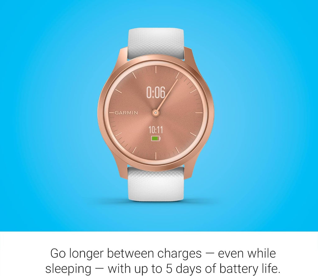 Garmin vivomove Style, Hybrid Smartwatch with Real Watch Hands and Hidden Color Touchscreen Displays, Rose Gold with White Silicone Band (Renewed)