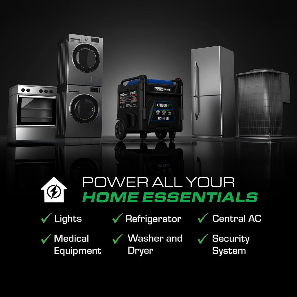 DuroMax XP11000iHT 11,000-Watt Tri Fuel Portable Digital Inverter Generator - Gas, Propane & Natural Gas, Remote Electric Start, Whole Home Power Backup, Transfer Switch Ready, RV & Emergency Ready