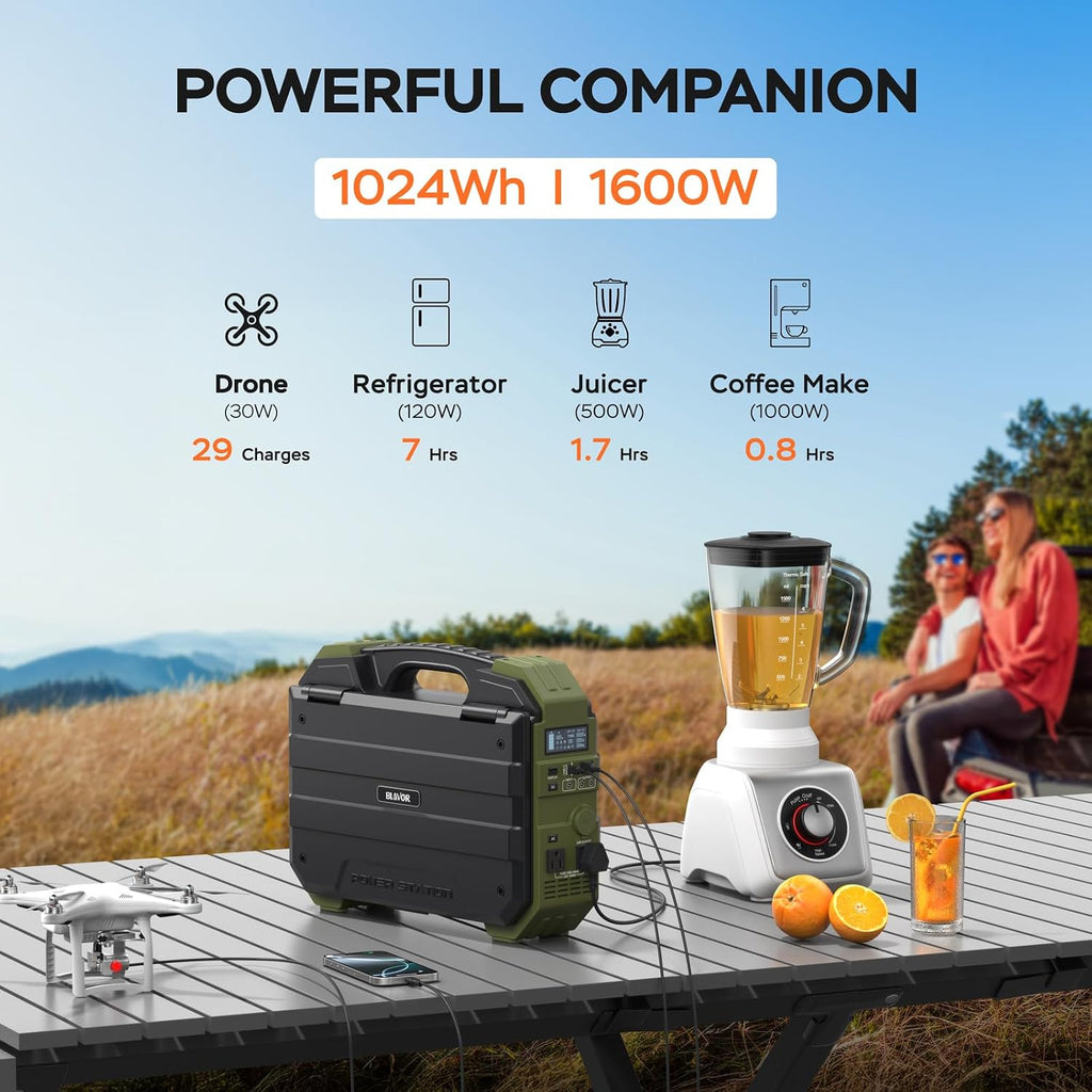 BLAVOR Portable Power Station 1600W (Peak 3200W), Built-in Solar Panel, 1024Wh LiFePO4 Battery, 100W USB-C Fast Charge, Solar Generator for Home Backup, Camping, Power Outages & RV