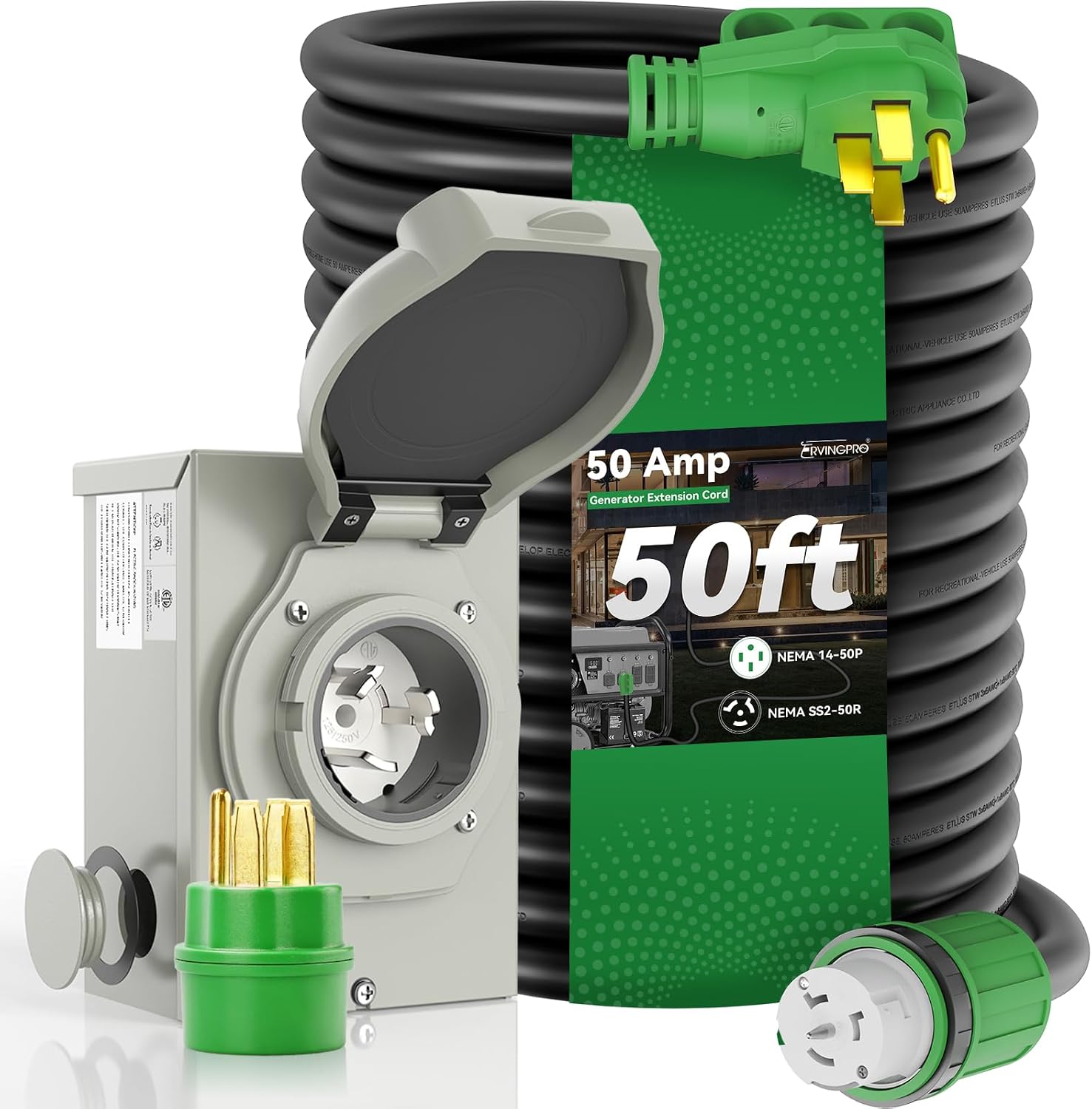 50 Amp Generator Cord 50FT and Power Inlet Box, Pre-Drilled 50 Amp Generator Inlet Box with Cord, NEMA 14-50P to SS2-50R Generator Cord Waterproof Combo Kit, ETL Listed