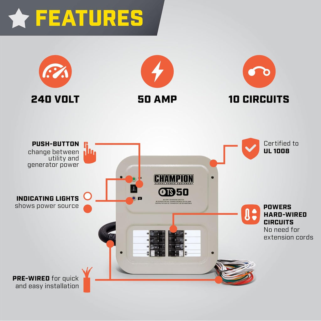 Champion Power Equipment 50-Amp Indoor-Rated Manual Transfer Switch with 30-Foot Generator Power Cord and Weather-Resistant Power Inlet Box