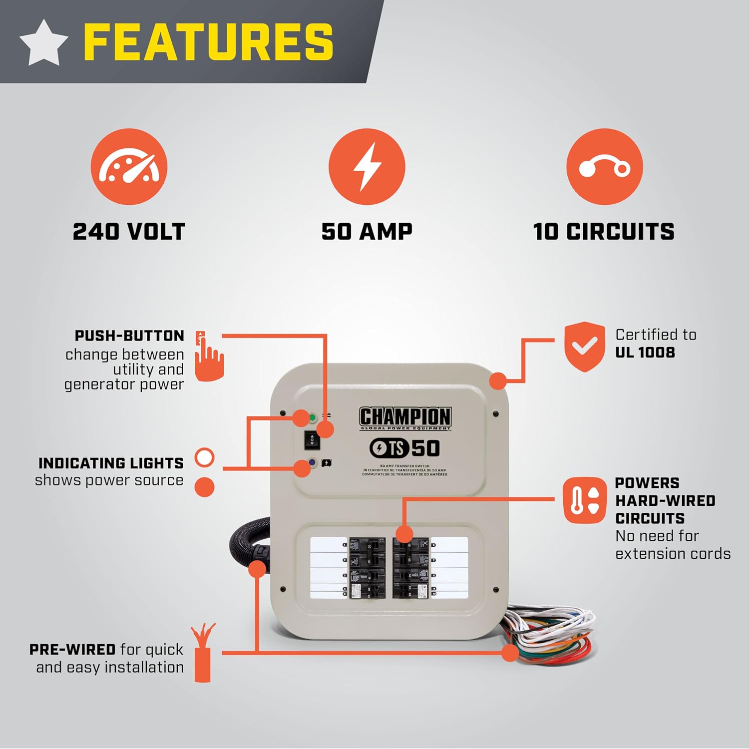 Champion Power Equipment 50-Amp Indoor-Rated Manual Transfer Switch with 30-Foot Generator Power Cord and Weather-Resistant Power Inlet Box
