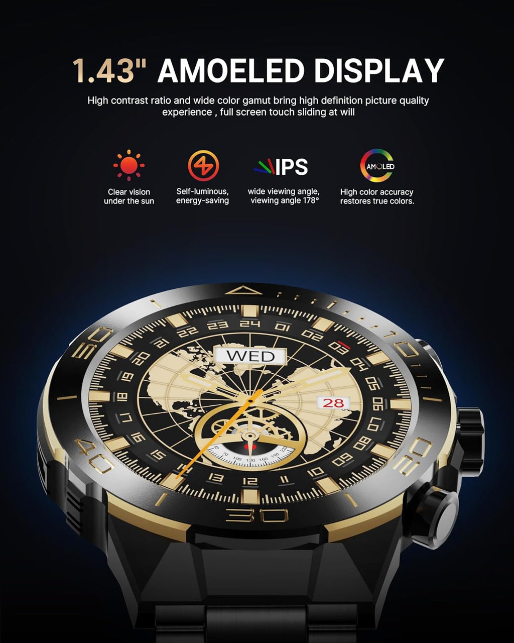 Smart Watch for Men Answer/Make Call for Android iPhone, 1.43' AMOLED HD Screen Mens Luxury Watch, 400mAh Heavy Duty Smartwatch Heart Rate Blood Oxygen Blood Pressure Sleep Monitor Pedometer, 2 Straps
