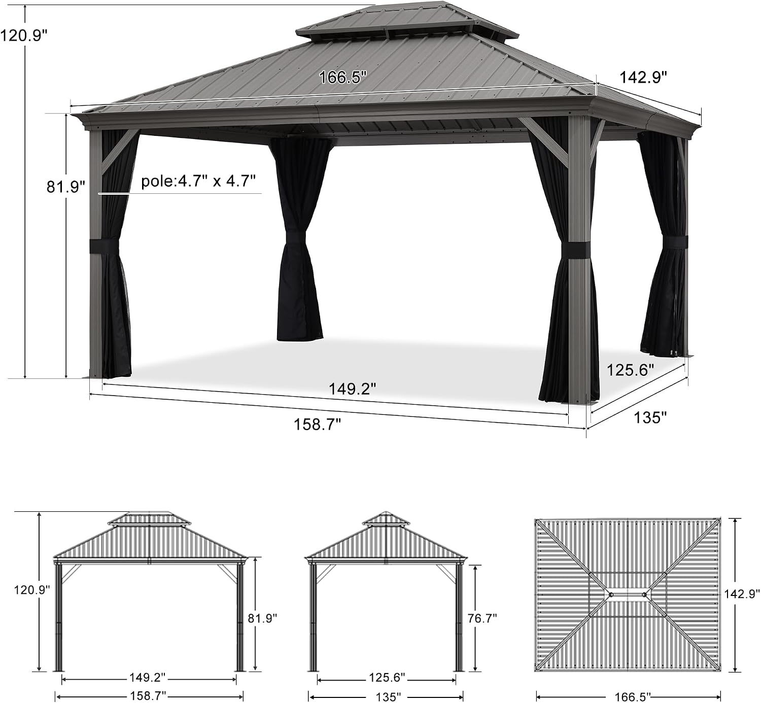 PURPLE LEAF 12' X 14' Patio Hardtop Gazebo Aluminum Outdoor Gazebo with Double Galvanized Steel Roof for Deck Backyard All Weather Outdoor Pavilion Curtain and Netting Included, Light Grey