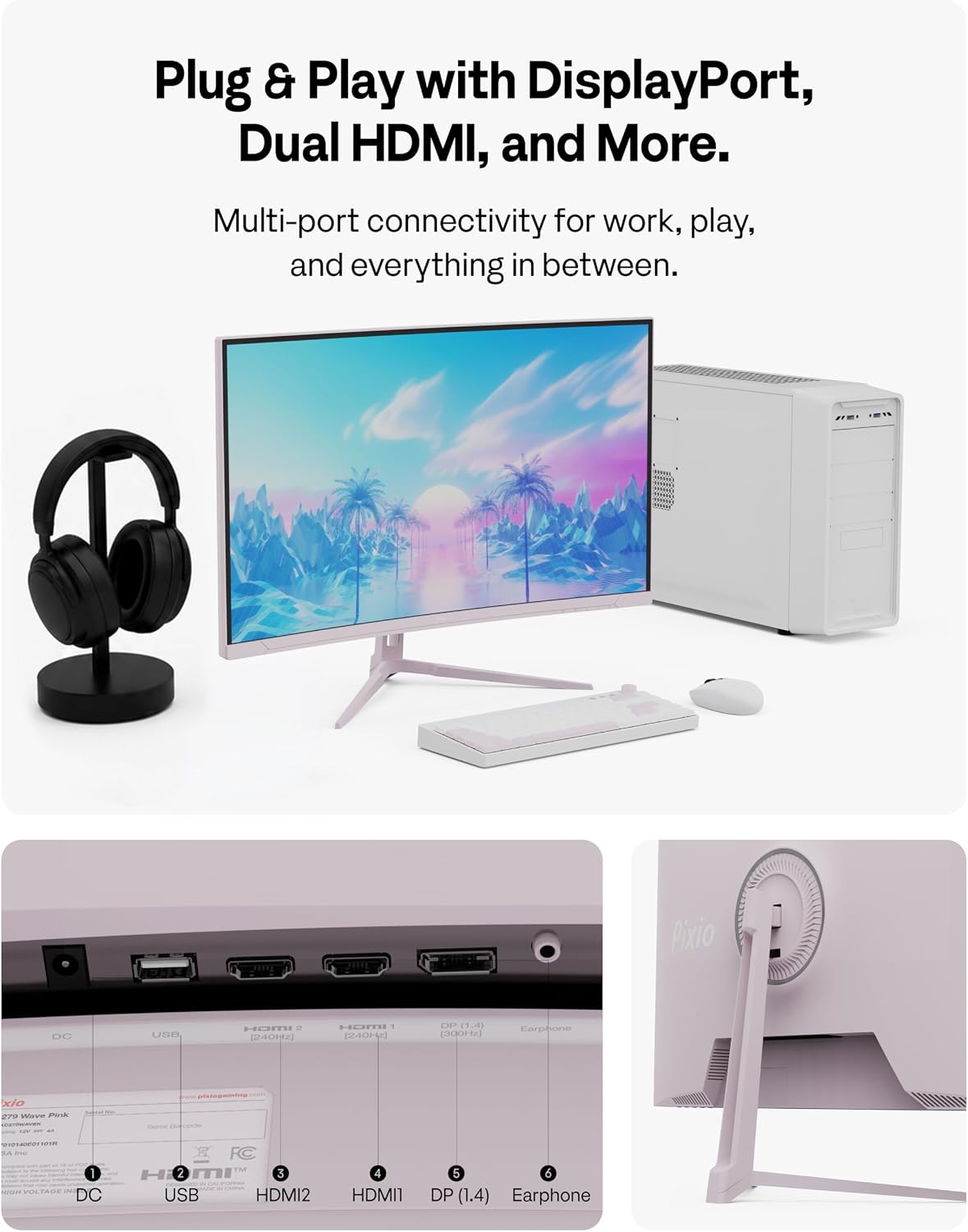 Pixio PXC279 Wave Pink 27 inch 300Hz Refresh Rate FHD 1080p Resolution 1650R Curved Fast VA Panel 1ms GTG Response Time Adaptive Sync HDR Curved Gaming Monitor