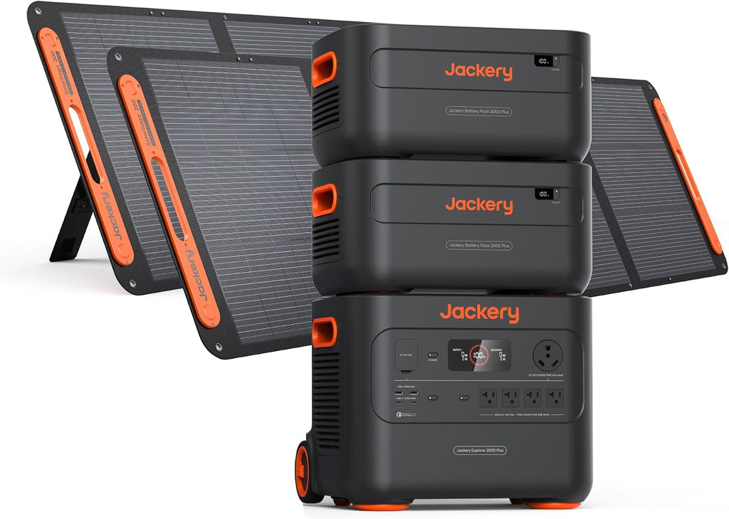 Jackery Explorer 2000 Plus Portable Power Station & 2x Extra Battery, 2x 200W Solar Panel, 6128Wh LiFePO4, 10-Year Lifespan, 3000W Output, Expandable to 24kWh, UPS Home Backup for Camping RV Emergency