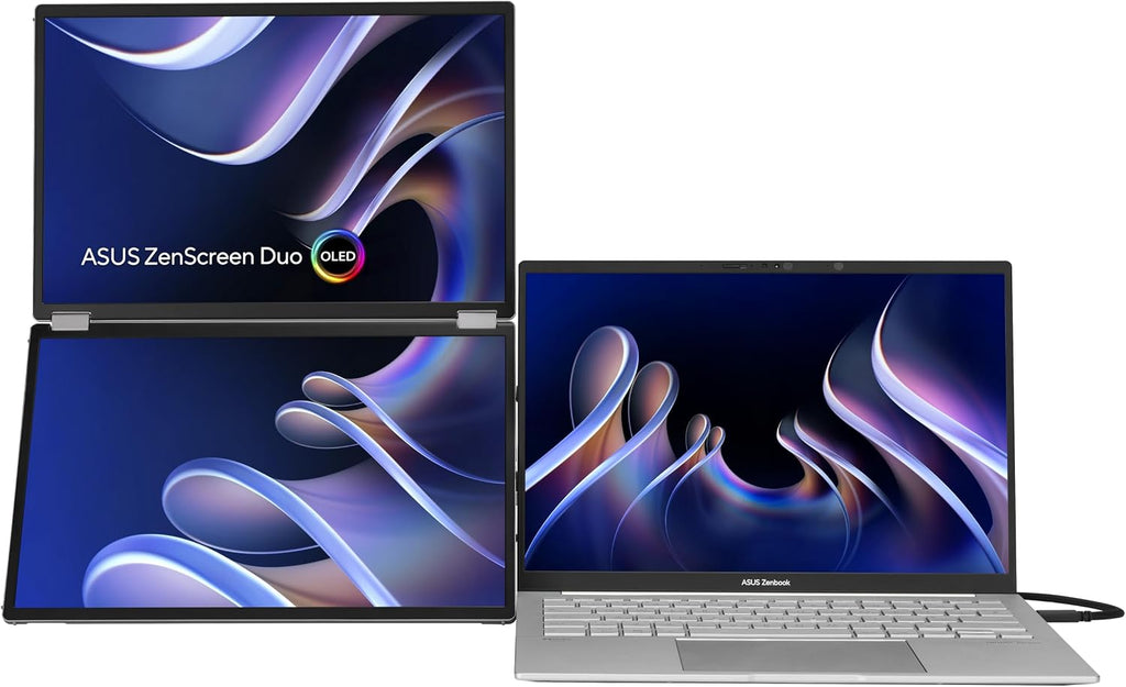 ASUS ZenScreen Duo OLED 360° Foldable Portable Monitor (MQ149CD) - Dual 14-inch, 16:10, 1920x1200, DisplayHDR400 True Black, 100% DCI-P3, Delta<2, Dual USB-C, Mini-HDMI, Kickstand, 3 yr Warranty