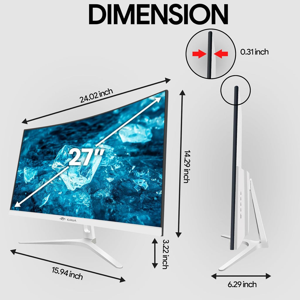 CRUA 27' Curved White Monitor, Full HD(1920x1080P) VA Panel 1800R 100HZ 120% sRGB Professional Computer Monitors, 3Sides Frameless, Flicker-Less,Blue Light Filter, for Office & Gaming (VGA, HDMI)