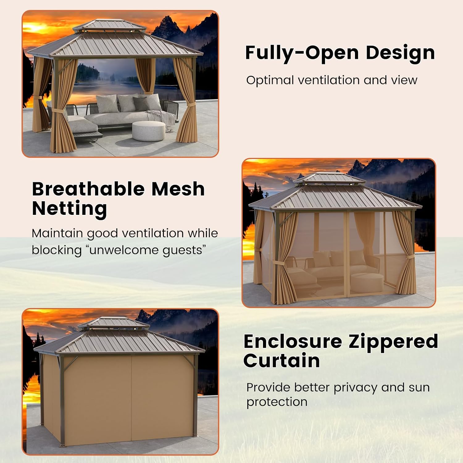 Tangkula 10x12 FT Hardtop Gazebo, Permanent Pavilion Shelter with Netting & Curtain, Heavy-Duty Double Galvanized Metal Roof, Aluminum Frame, Outdoor Gazebo for Patio Garden Deck Lawn Backyard
