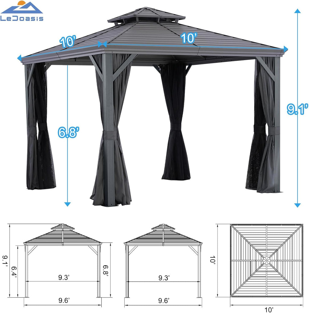 LeDoasis Nova 10' X 10' Permanent Hardtop Gazebo with Breathable Netting & Privacy Curtain, Heavy Duty Galvanized Steel Double Roof, Garden, Lawn, Deck, Backyard