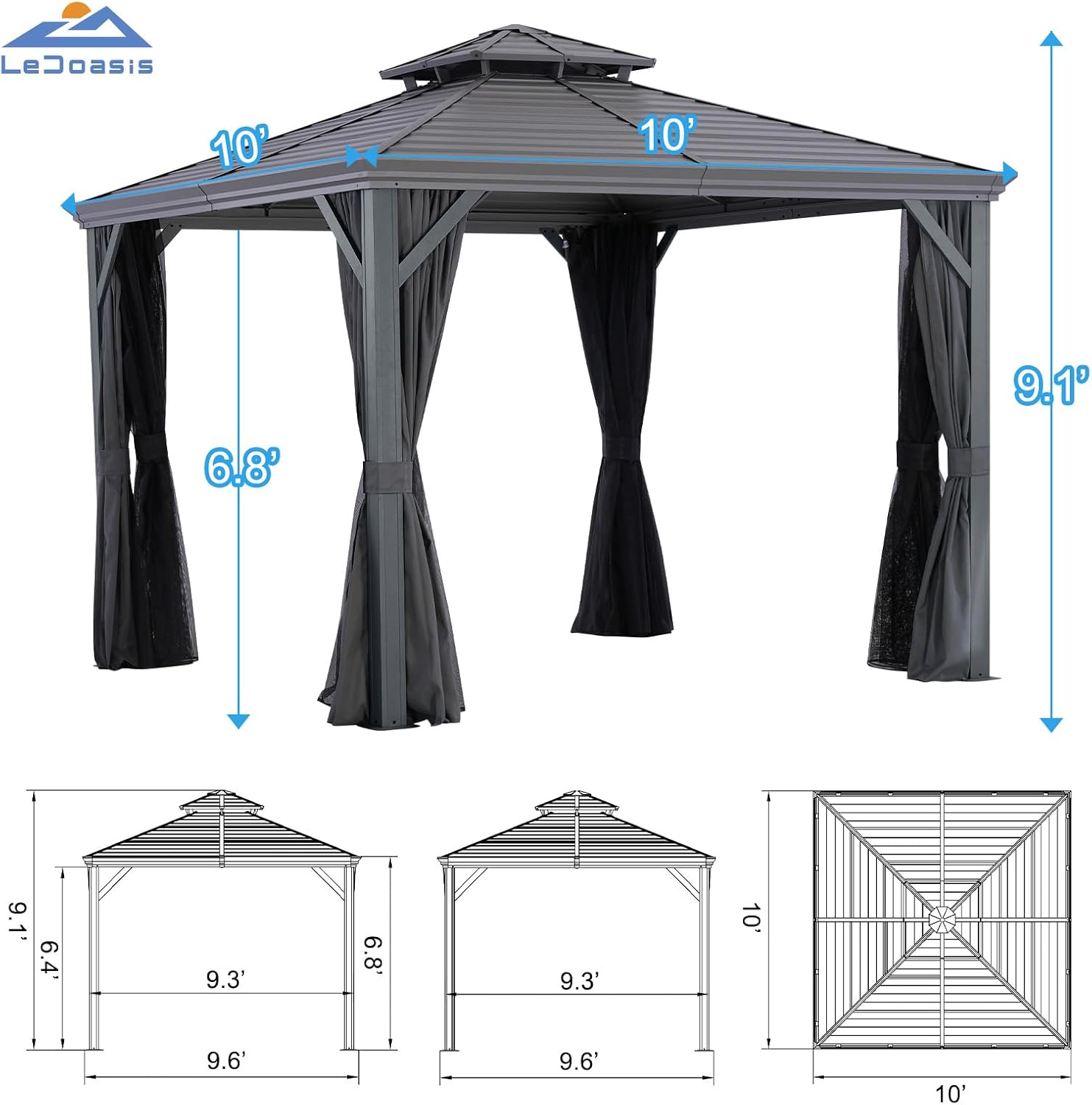 LeDoasis Nova 10' X 10' Permanent Hardtop Gazebo with Breathable Netting & Privacy Curtain, Heavy Duty Galvanized Steel Double Roof, Garden, Lawn, Deck, Backyard