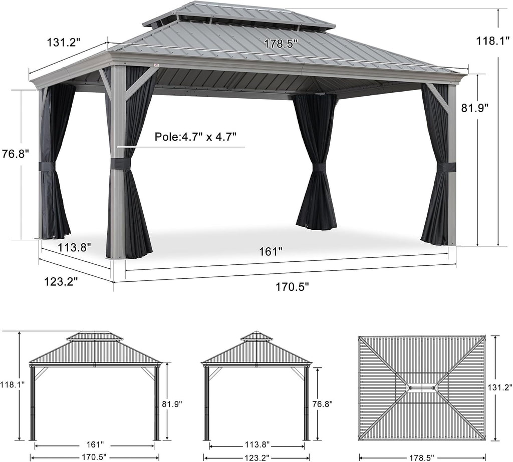 PURPLE LEAF 11' x 15' Permanent Hardtop Gazebo with Galvanized Steel Double Roof and Aluminum Frames Outdoor Large Pavilion Gazebo for Patio Deck Garden, Netting and Curtains Included, Light Grey