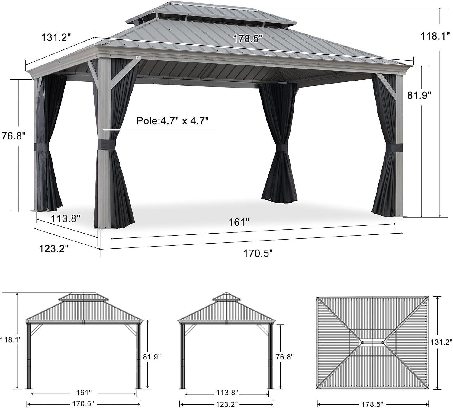 PURPLE LEAF 11' x 15' Permanent Hardtop Gazebo with Galvanized Steel Double Roof and Aluminum Frames Outdoor Large Pavilion Gazebo for Patio Deck Garden, Netting and Curtains Included, Light Grey