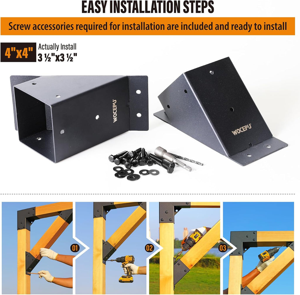 8pack 4x4 (Actual 3.5''x3.5'') Degree Angle Support Brackets, for Pergola, Gazebo, Deck Wood Frame Structures Provide Support 45° Degree Angle Bracket