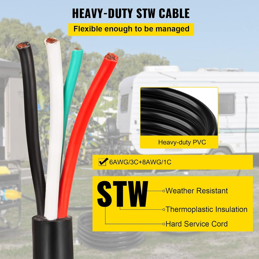 VEVOR 50FT 50 Amp Generator Cord, 6/3+8/1 AWG Pure Copper STW Cable 125V/250V 12500W, NEMA 14-50P to Bare Wire Open End for Transfer Switch Inlet Box Hardwire, ETL Listed