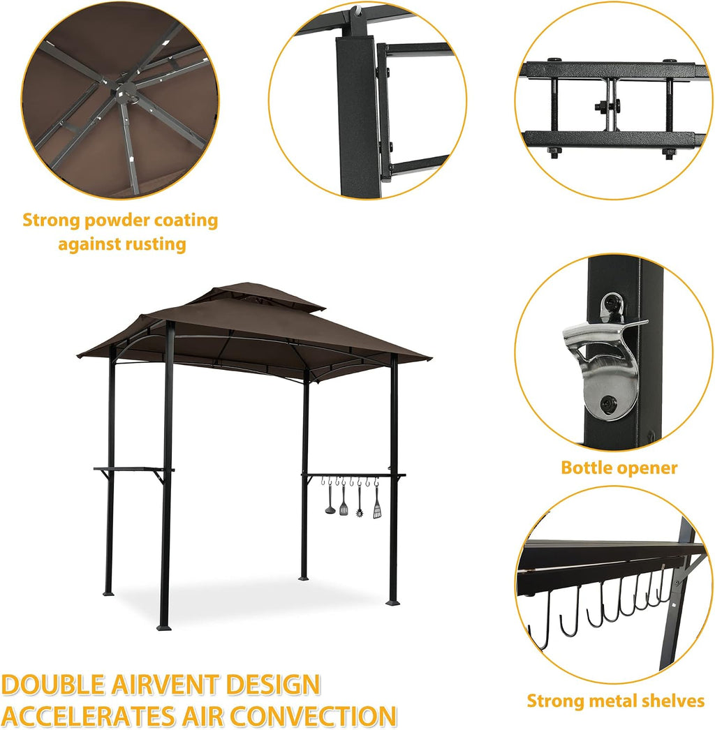 8' x 5' Double Tier Soft Top Grill Gazebo, Outdoor Barbecue Gazebo with Hook and Bar Counters, Grill Canopy for Barbecue & Outdoor Canopy, Brown