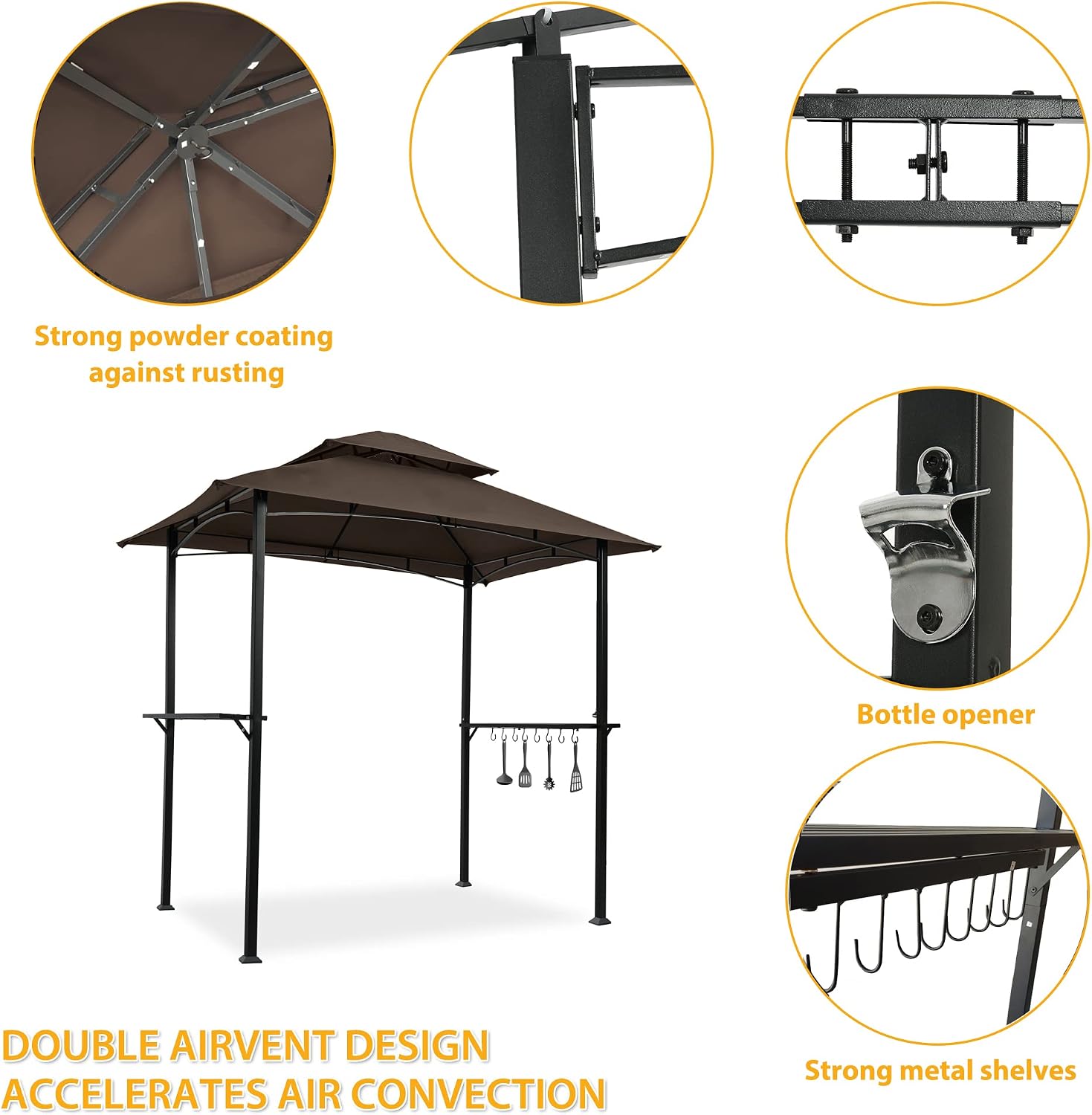 8' x 5' Double Tier Soft Top Grill Gazebo, Outdoor Barbecue Gazebo with Hook and Bar Counters, Grill Canopy for Barbecue & Outdoor Canopy, Brown