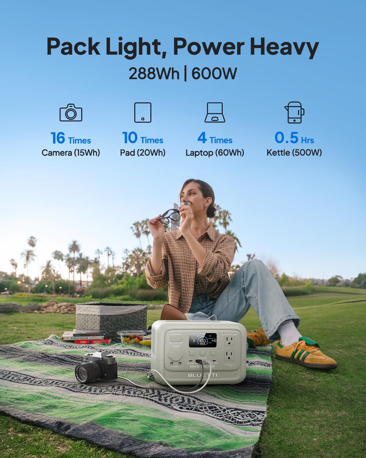 BLUETTI Elite 30 V2 Solar Generator with 60W Solar Panel (Ships Separately), 288Wh LiFePO4 Portable Power Station, 600W AC Ports (1500W Power Lifting), UPS, Fast Charge for Camping, Road Trip, Travel
