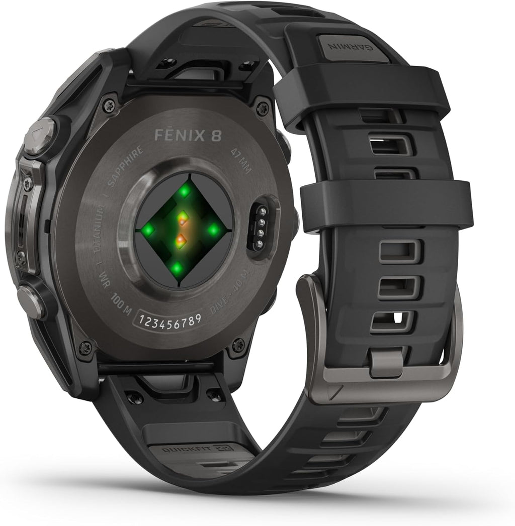 Garmin Fenix 8 – 47 mm, AMOLED Sapphire Multisport GPS Smartwatch,Carbon Gray DLC Titanium with Black/Pebble Gray Silicone, Built-in LED Flashlight Black Earbuds Bundle