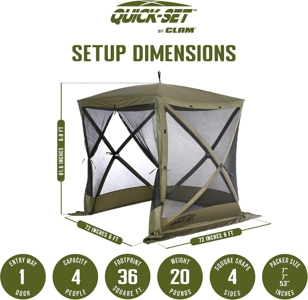 CLAM Quick-Set Pop Up Screen Tent, Traveler, 6 x 6 ft, Instant Setup Green Portable Outdoor Shelter, Compact Bug-Free Canopy Tent for Camping, Fishing, Backyard - Green