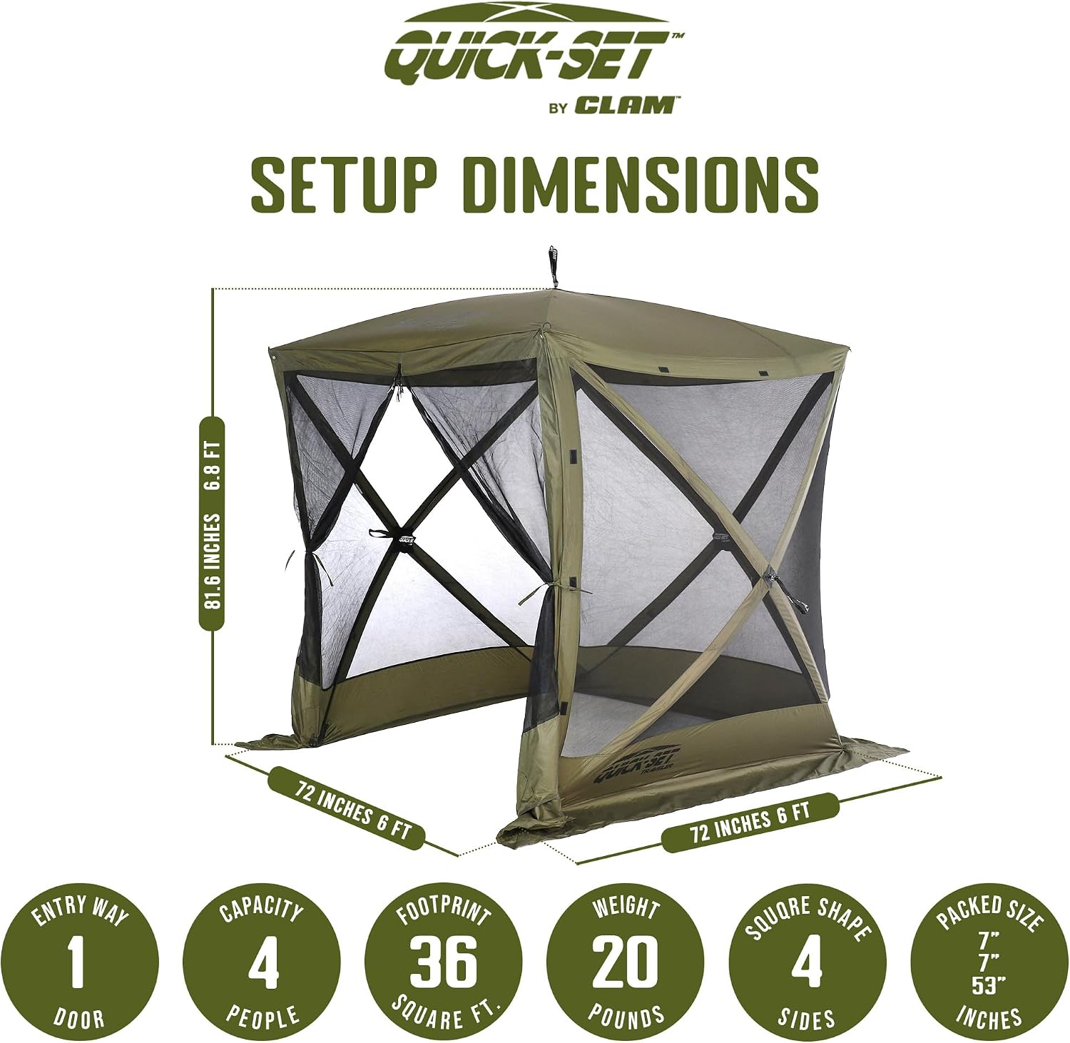 CLAM Quick-Set Pop Up Screen Tent, Traveler, 6 x 6 ft, Instant Setup Green Portable Outdoor Shelter, Compact Bug-Free Canopy Tent for Camping, Fishing, Backyard - Green