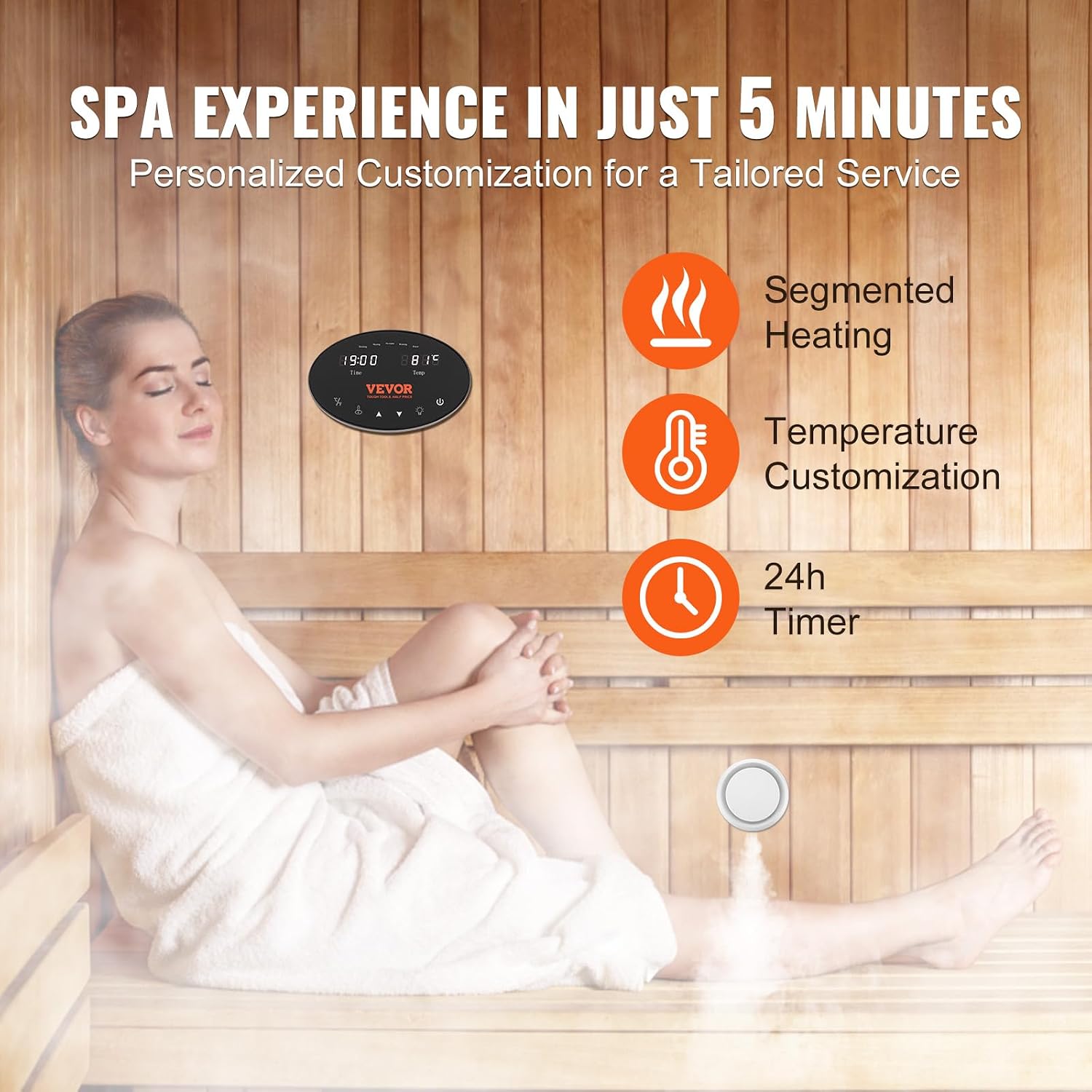 VEVOR Steam Shower Generator, 12 kW, Segmented Heating System with Temperature Customization & 24h Timer, Automatic Drainage Steam Bath Kit for Home Use