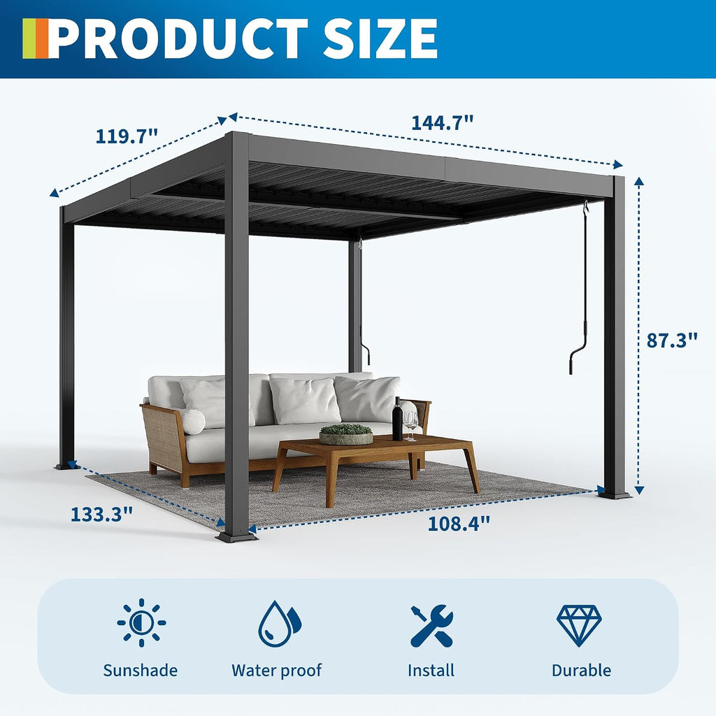 10x12 FT Louvered Pergola, Outdoor Pergola With Adjustable Louvered Roof, Large Patio Aluminum Pergolas for Deck Garden Backyard