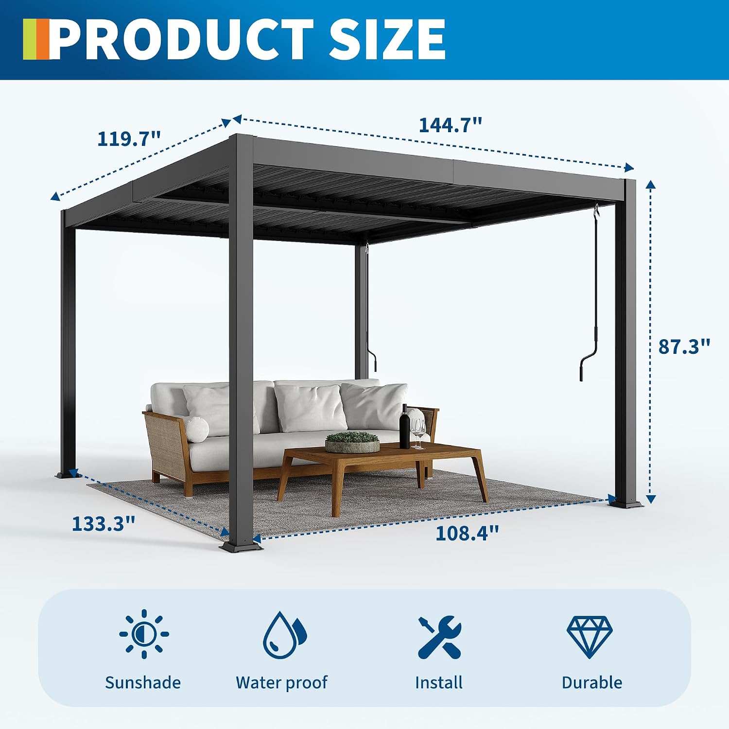 10x12 FT Louvered Pergola, Outdoor Pergola With Adjustable Louvered Roof, Large Patio Aluminum Pergolas for Deck Garden Backyard