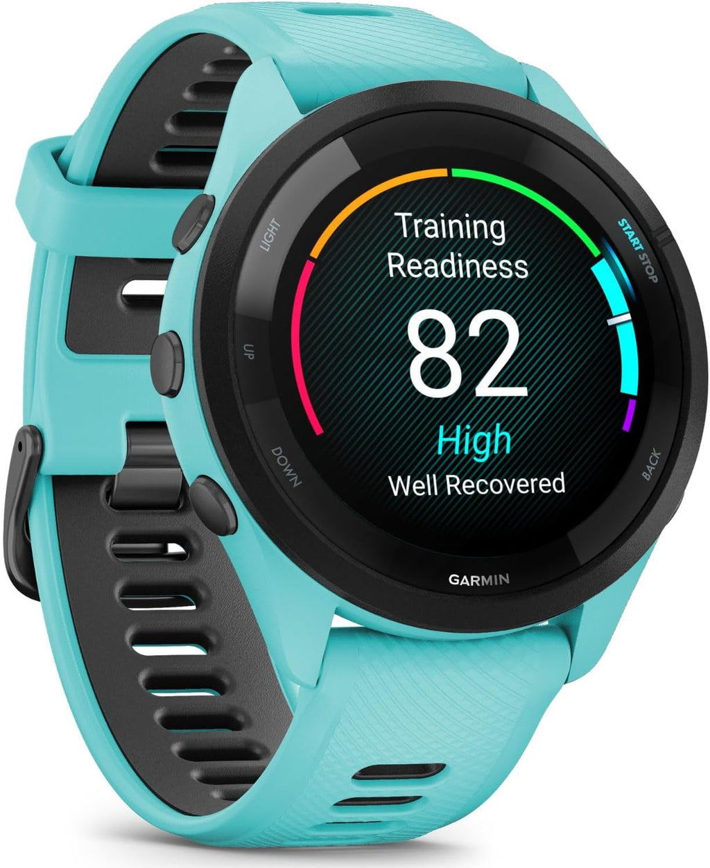 Garmin Forerunner 265 GPS Smartwatch, Aqua/Black Bundle with Deco Essentials Charging Dock Venu 3 + Silicone Dust Cover + USB Type C Charging and Sync Cable