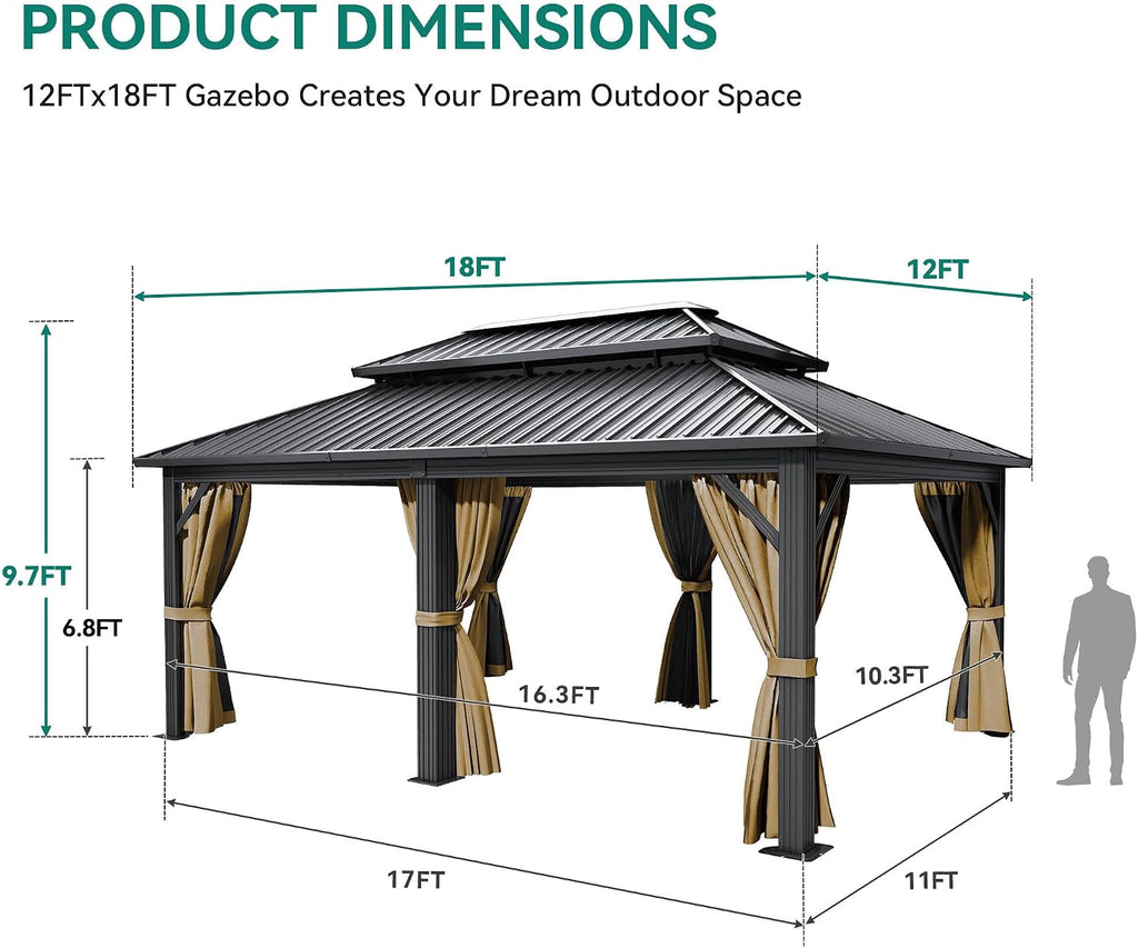 YITAHOME 12x18ft Gazebo Hardtop Canopy Outdoor Heavy Duty Double Roof w/Nettings and Curtains, Upgraded Aluminum Column Galvanized Steel Vertical Stripes Roof for Patio, Backyard, Deck, Lawns, Brown