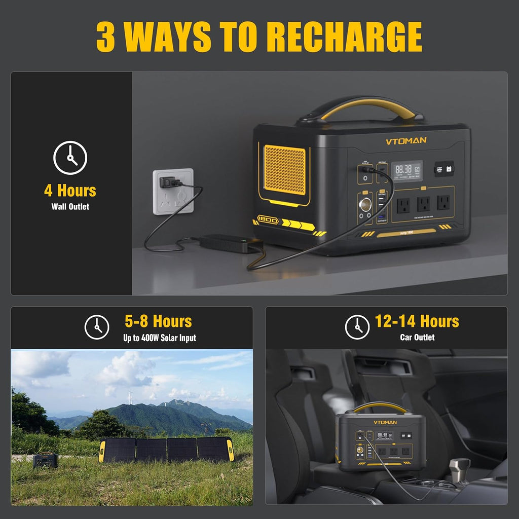 VTOMAN Jump 1800 Portable Power Station with Jump Start, 1548Wh LiFePO4 Solar Generator 1800W (Peak 3600W) AC Outlets, Regulated 12V DC, PD 100W Type-C for Home Backup RV/Van Travel Camping Road Trip