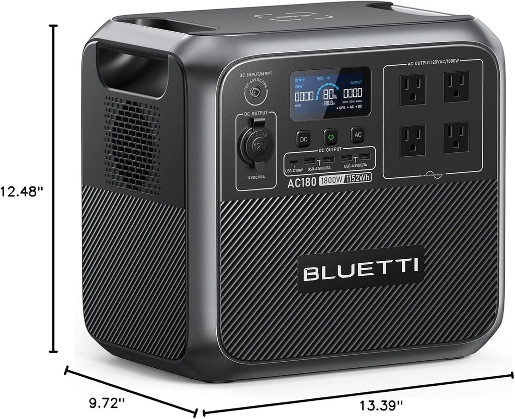 BLUETTI Portable Power Station AC180, 1152Wh LiFePO4 Battery Backup w/ 2 1800W (2700W peak) AC Outlets, 0-80% in 45Min, Solar Generator for Camping, Off-grid, Power Outage