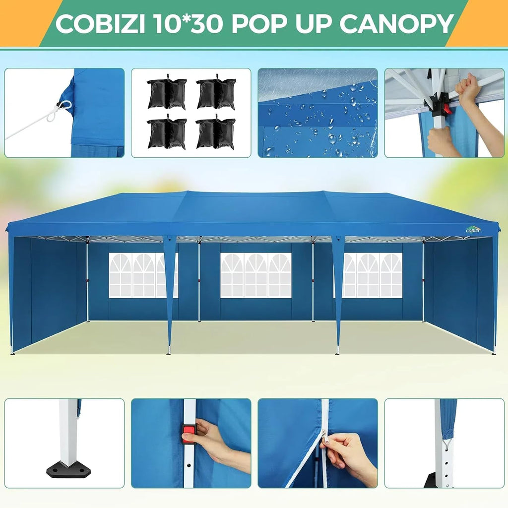 COBIZI 10x30 Pop Up Canopy Tent with 5 Sidewalls Party Tents for Parties Weddings Backyard Waterproof Commercial Instant Outdoor Events Tent with Stakes, Ropes,Sandbags（10 x 30 ft Blue