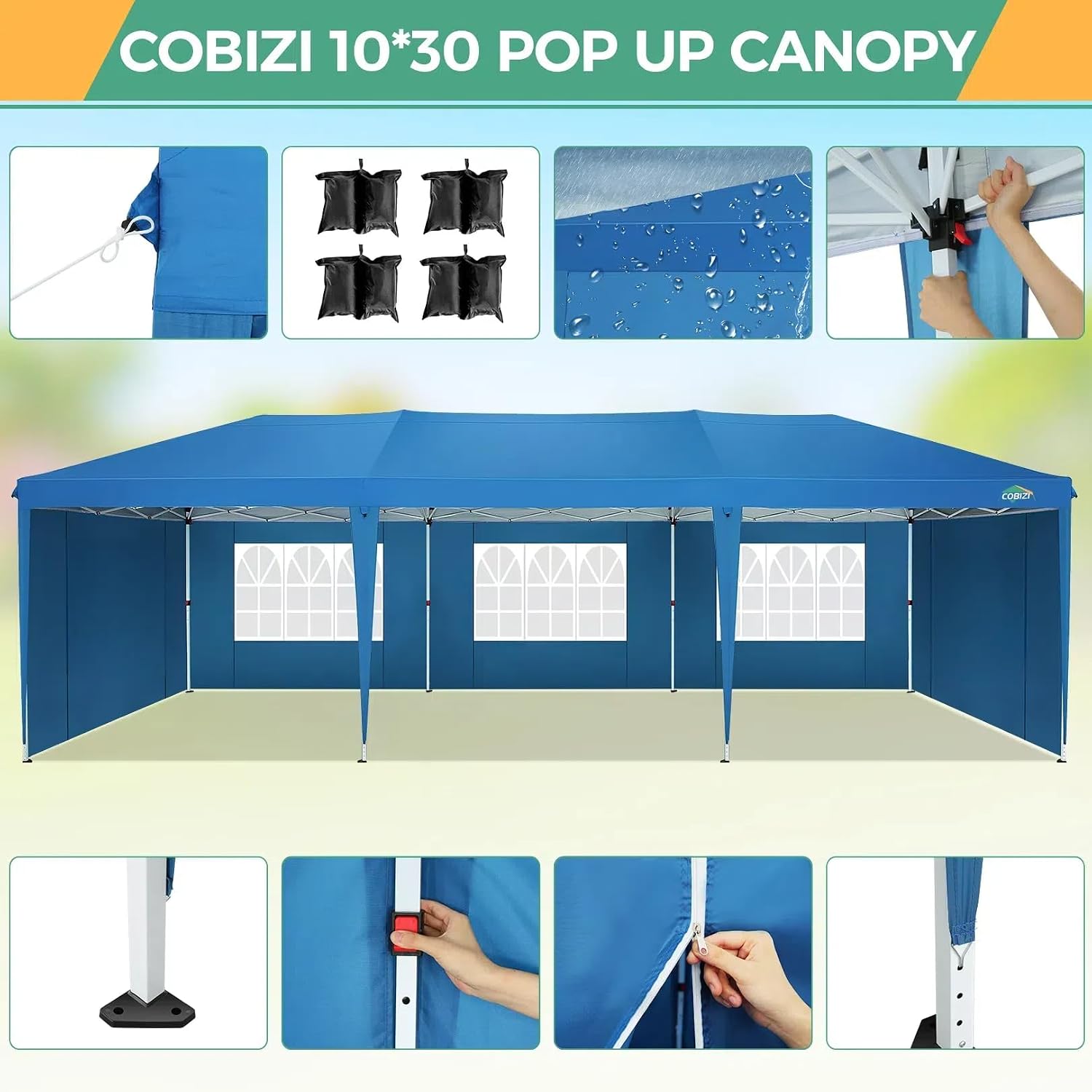 COBIZI 10x30 Pop Up Canopy Tent with 5 Sidewalls Party Tents for Parties Weddings Backyard Waterproof Commercial Instant Outdoor Events Tent with Stakes, Ropes,Sandbags（10 x 30 ft Blue