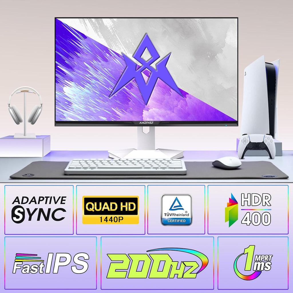 Amzfast 27 Inch 1440P 200Hz/180Hz White Gaming Monitor, MPRT 1ms 2K QHD, Fast IPS | HDR400 & TÜV Rheinland Eye Care & 12 Months Exchange, with HDMI & DP Cable