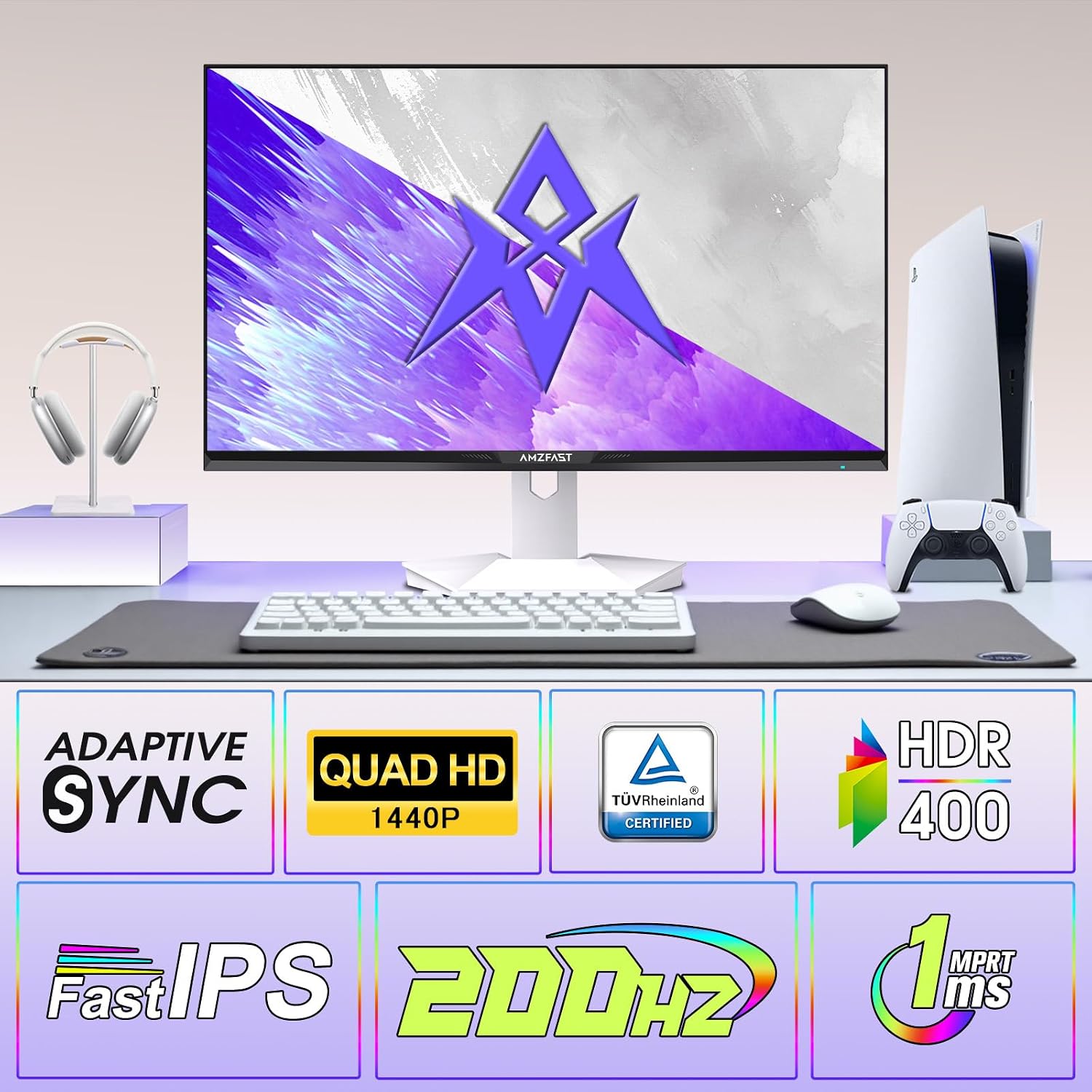 Amzfast 27 Inch 1440P 200Hz/180Hz White Gaming Monitor, MPRT 1ms 2K QHD, Fast IPS | HDR400 & TÜV Rheinland Eye Care & 12 Months Exchange, with HDMI & DP Cable