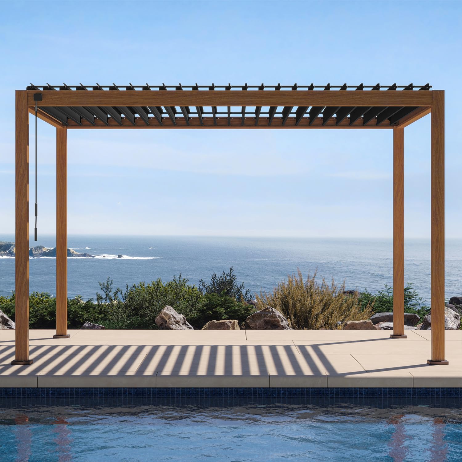 MIRADOR 111S Takasho Louvered Pergola 10x13 Wood Grain Outdoor Aluminum Pergola with Adjustable Rainproof Roof Full Aluminum Frame Ideal for Outdoor Deck Garden Patio Durable, Cherry Oak