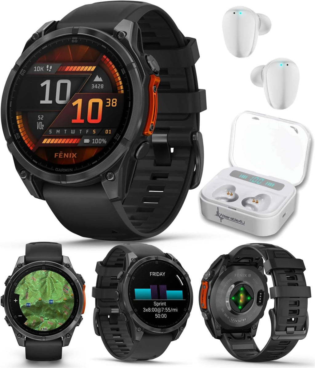 Garmin Fenix 8 – 47 mm, AMOLED Multisport GPS Smartwatch, Slate Gray with Black Silicone Band, Built-in LED Flashlight, Voice Control White Earbuds Bundle