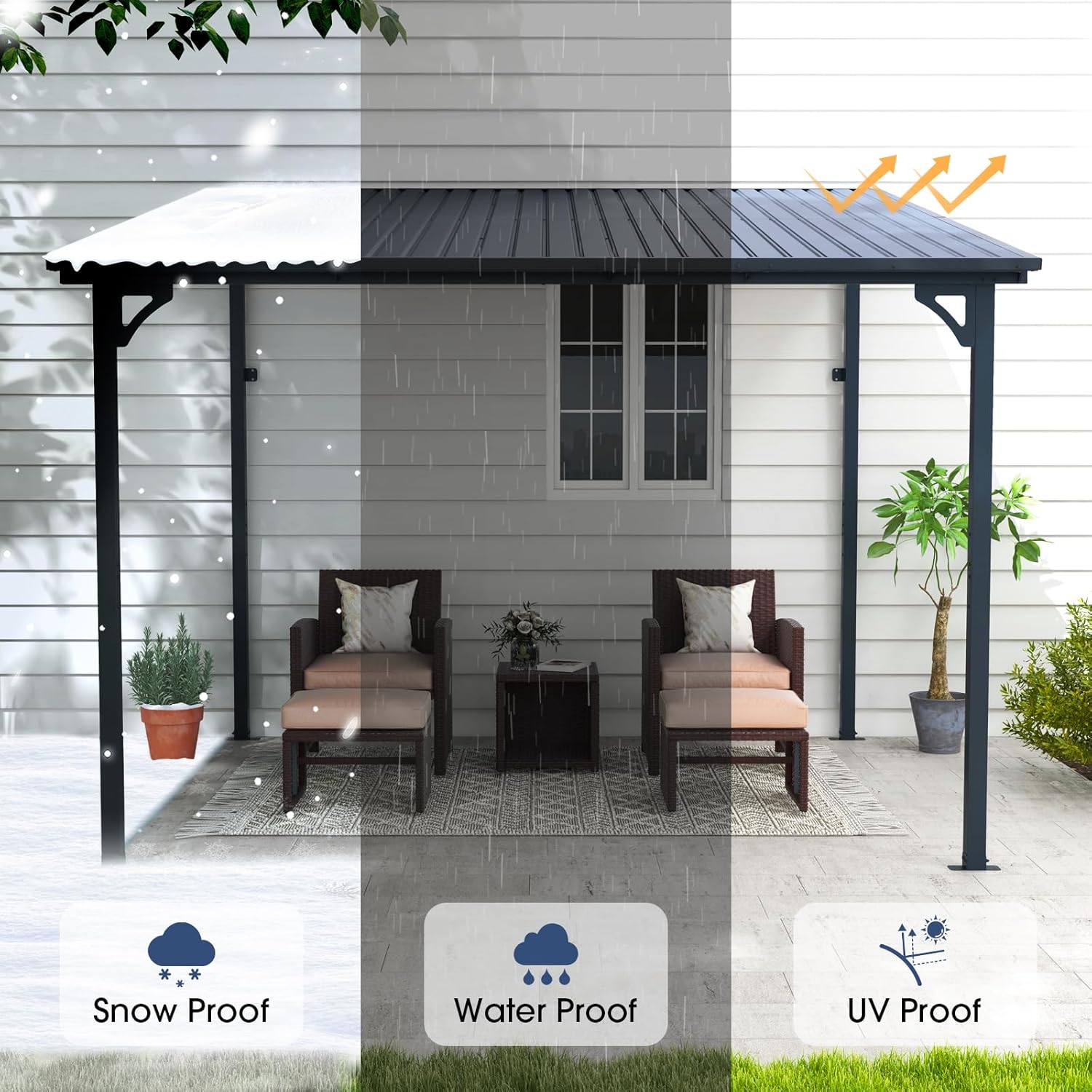 OC Orange-Casual 8x10 FT Patio All-Iron Gazebo,Hard Top Lean to Gazebo Pergola with Roof,Wall Mounted Heavy Duty Awnings, for Outdoor, Backyard, Deck
