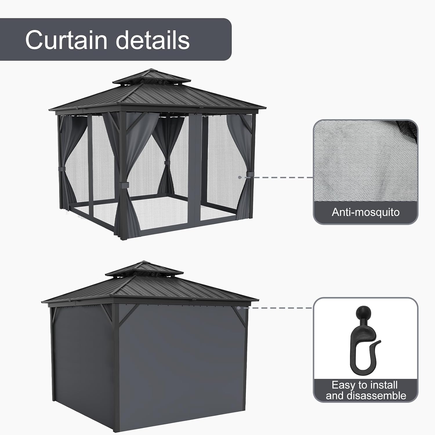 GAOMON 12'*12'Hardtop Gazebo - Outdoor Metal Pavilion with Galvanized Steel and Aluminum Frame, Double Roof Canopy with Netting and Curtains - Ideal for Patio, Backyard, Deck, and Lawns(Gray)
