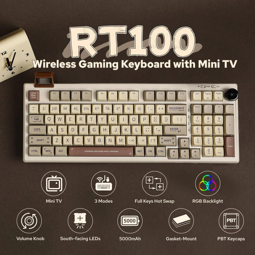 EPOMAKER RT100 Retro Gaming Keyboard with Display Screen, BT5.0/2.4G/USB-C, 97 Keys Gasket Custom Keyboard, Hot Swappable, RGB Backlit, with Knob for Win/Mac (Gateron Pro Yellow)
