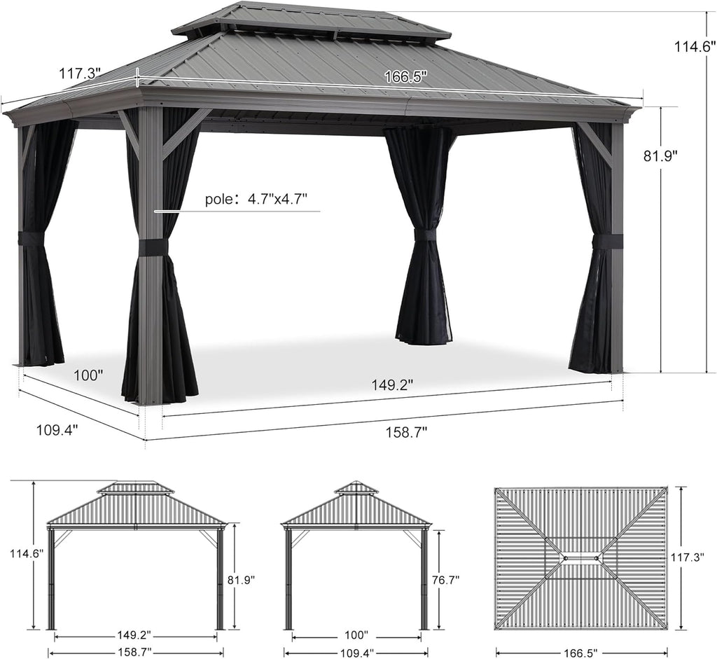 PURPLE LEAF 10' X 14' Patio Hardtop Gazebo Aluminum Outdoor Gazebo with Double Galvanized Steel Roof for Deck Backyard All Weather Outdoor Pavilion Curtain and Netting Included, Light Grey