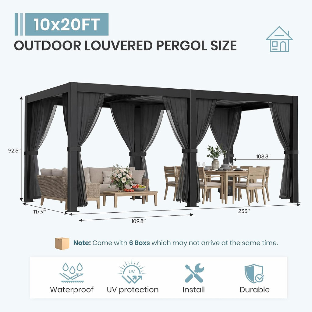 10'×20' Outdoor Louvered Pergola, Aluminum Outdoor Louvered Pergola Patio with Adjustable Roof for Outdoor Deck, Backyard, Garden (10x20FT with Curtain)