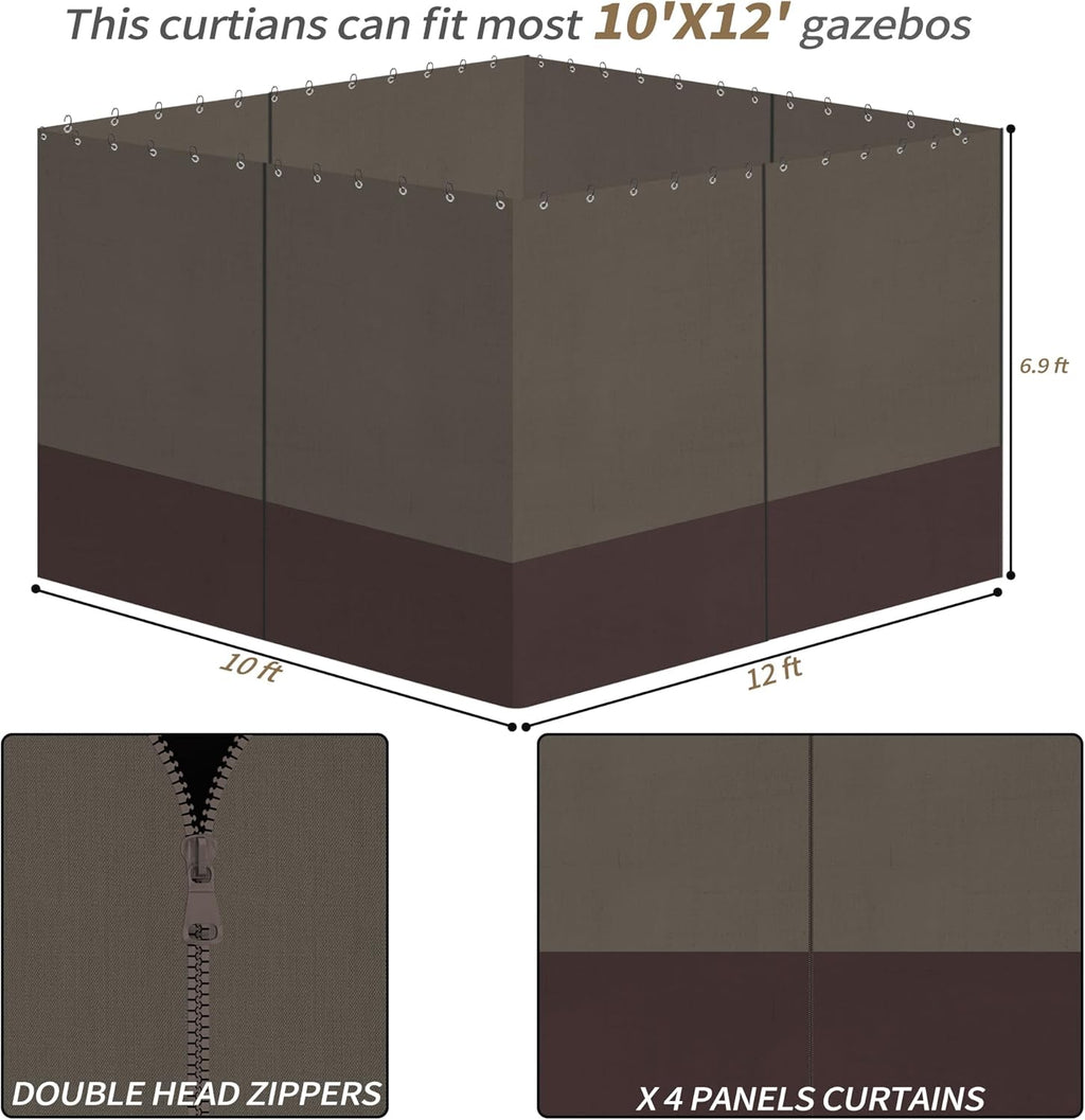 Gazebo Privacy Curtains 10' x 12' with Zipper 4-Panels Side Wall Universal Replacement for Patio, Outdoor Canopy, Garden and Backyard Khaki and Brown (Curtain Only)