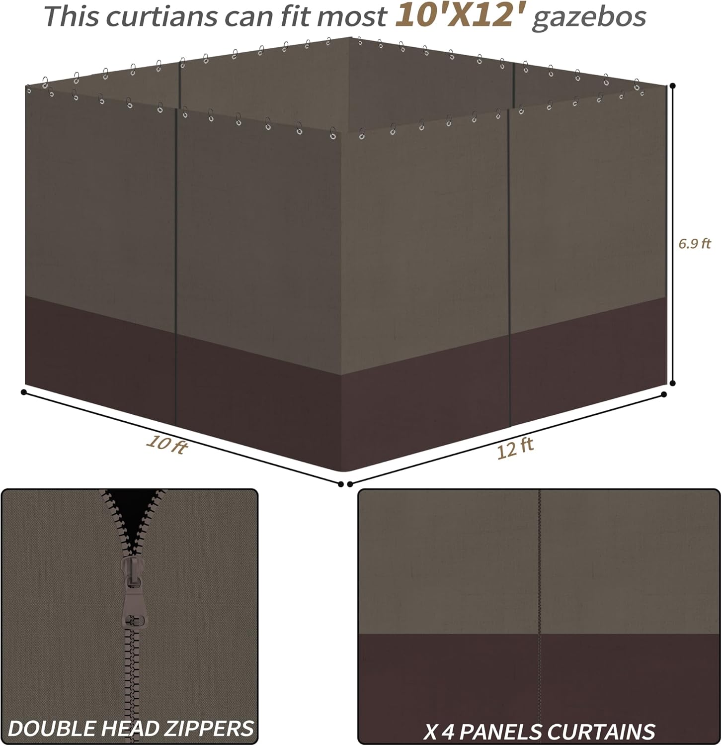Gazebo Privacy Curtains 10' x 12' with Zipper 4-Panels Side Wall Universal Replacement for Patio, Outdoor Canopy, Garden and Backyard Khaki and Brown (Curtain Only)