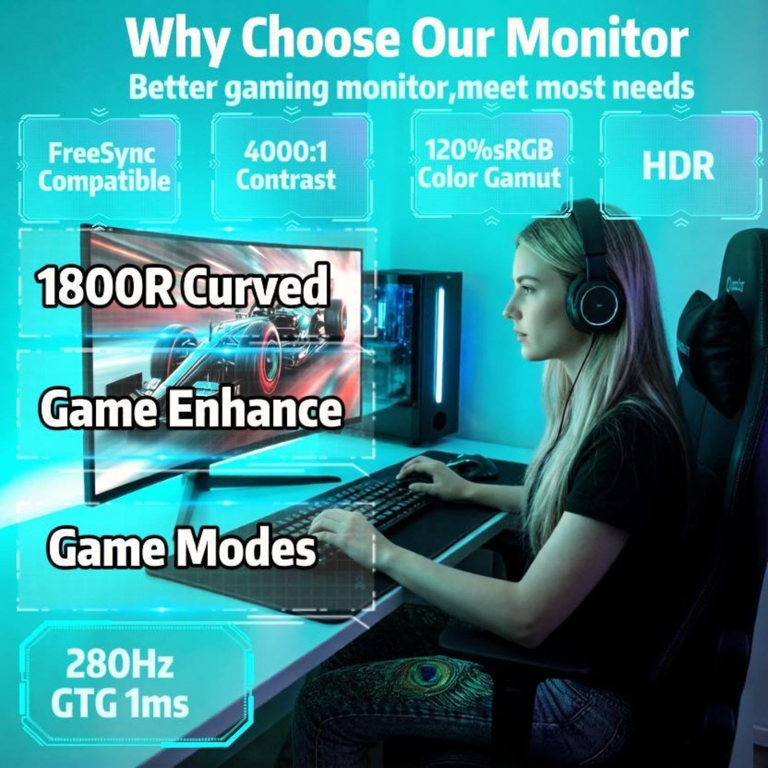 ZZA 27 Inch Curved 280Hz Gaming Monitor, 1800R Curved Computer Gaming Monitor FHD 1080P, 4000:1, 120% sRGB, 1Ms GTG|FreeSync|HDR|Low Blue Light|HDMI DP| VESA Support 100x100mm(No Speakers)