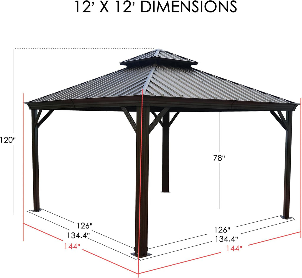 Kozyard Alexander 12' x 12' Hardtop Gazebo, Aluminum Frame with Galvanized Steel Double Roof, Outdoor Permanent Pavilion with Curtains and Netting for Patio, Backyard, Deck, Lawn(Brown)