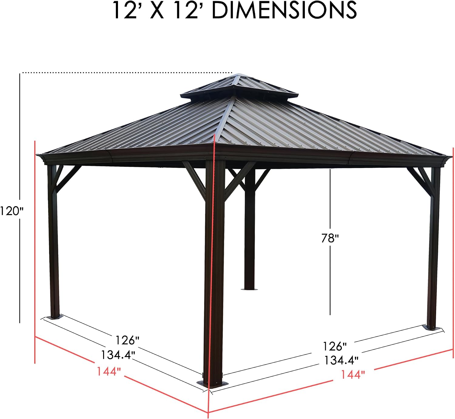 Kozyard Alexander 12' x 12' Hardtop Gazebo, Aluminum Frame with Galvanized Steel Double Roof, Outdoor Permanent Pavilion with Curtains and Netting for Patio, Backyard, Deck, Lawn(Brown)