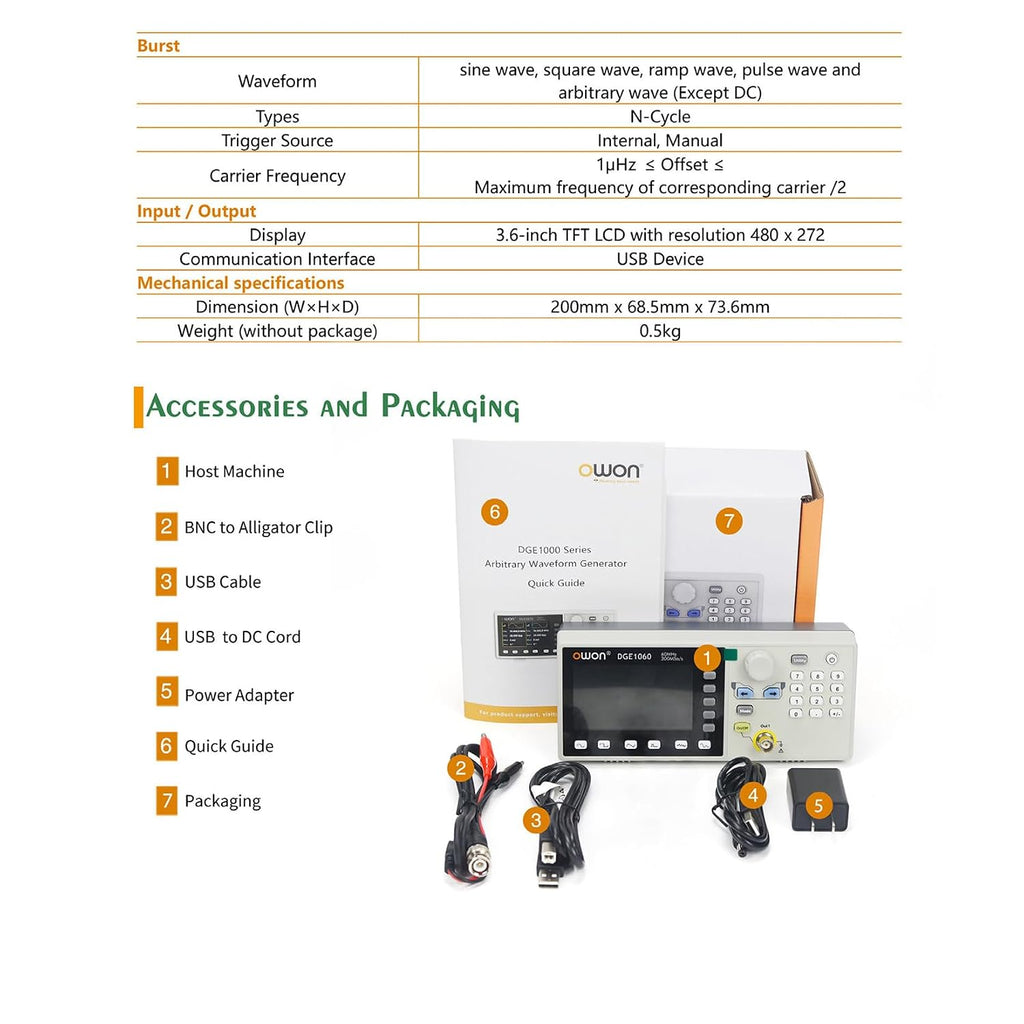 OWON Waveform Generator, 60MHz Bandwidth,300MSa/s Sampling Rate, 14 bits Vertical Resolution, 8K Waveform Length, 5 Basic Waveforms, 160 built-in Arbitrary Waveforms, with 3.6IN LCD Display DGE1060
